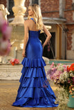 Royal Blue One Shoulder Mermaid Corset Ruffled Long Prom Dress with Slit