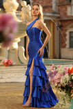 Royal Blue One Shoulder Mermaid Corset Ruffled Long Prom Dress with Slit