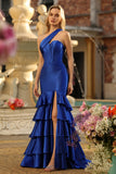 Royal Blue One Shoulder Mermaid Corset Ruffled Long Prom Dress with Slit