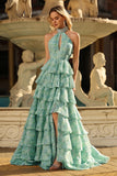 Sage Green A-Line Beaded Halter Floral Tiered Ruffle Long Prom Dress with Slit
