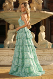 Sage Green A-Line Beaded Halter Floral Tiered Ruffle Long Prom Dress with Slit
