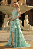 Sage Green A-Line Beaded Halter Floral Tiered Ruffle Long Prom Dress with Slit