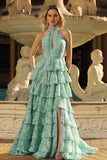 Sage Green A-Line Beaded Halter Floral Tiered Ruffle Long Prom Dress with Slit