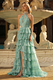 Sage Green A-Line Beaded Halter Floral Tiered Ruffle Long Prom Dress with Slit