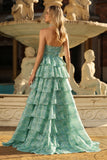 Sage Green A-Line Beaded Halter Floral Tiered Ruffle Long Prom Dress with Slit