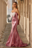 Sparkly Pink Strapless Mermaid Sequins Long Prom Dress with Bow