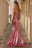 Sparkly Pink Strapless Mermaid Sequins Long Prom Dress with Bow