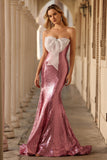 Sparkly Pink Strapless Mermaid Sequins Long Prom Dress with Bow