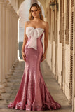 Sparkly Pink Strapless Mermaid Sequins Long Prom Dress with Bow