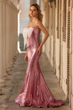 Sparkly Pink Strapless Mermaid Sequins Long Prom Dress with Bow