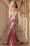 Sparkly Pink Strapless Mermaid Sequins Long Prom Dress with Bow