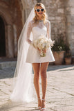 Lace White A-Line Mini Bridal Shower Dress with Long Sleeves