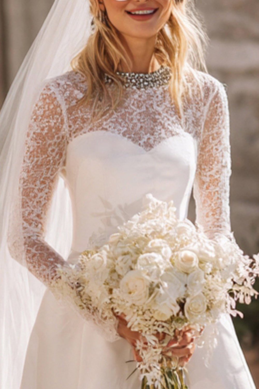 WEDTREND Women White Courthouse Wedding Dress Lace A-Line Bridal Shower Dress with Long Sleeves, White / US24W