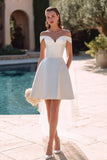 White A-Line Off The Shoulder Satin Mini Bridal Shower Dress