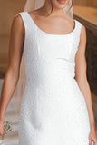 White Scoop Neck Mini Courthouse Wedding Dress