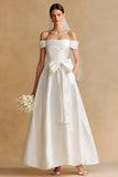 Elegant White A Line Off The Shoulder Long Wedding Dress with Bow