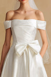 Elegant White A Line Off The Shoulder Long Wedding Dress with Bow