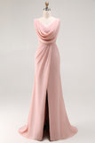 Blush Pink Sheath Lace Up Back Ruched Long Bridesmaid Dress with Slit