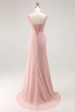 Blush Pink Sheath Lace Up Back Ruched Long Bridesmaid Dress with Slit