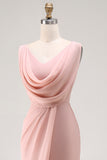 Blush Pink Sheath Lace Up Back Ruched Long Bridesmaid Dress with Slit