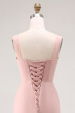 Blush Pink Sheath Lace Up Back Ruched Long Bridesmaid Dress with Slit