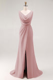 Blush Pink Sheath Lace Up Back Ruched Long Bridesmaid Dress with Slit