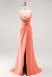 Blush Pink Sheath Lace Up Back Ruched Long Bridesmaid Dress with Slit