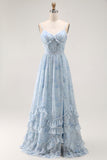 Blue Flower A-Line Corset Ruffled Chiffon Long Bridesmaid Dress with Slit