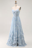 Blue Flower A-Line Corset Ruffled Chiffon Long Bridesmaid Dress with Slit