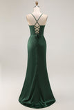 Dark Green Spaghetti Straps Pleated Corset Satin Long Prom Dress with Slit