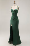 Dark Green Spaghetti Straps Pleated Corset Satin Long Prom Dress with Slit