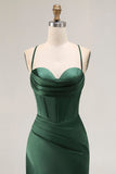 Dark Green Spaghetti Straps Pleated Corset Satin Long Prom Dress with Slit