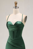 Dark Green Spaghetti Straps Pleated Corset Satin Long Prom Dress with Slit