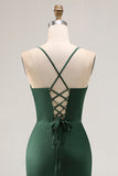 Dark Green Spaghetti Straps Pleated Corset Satin Long Prom Dress with Slit