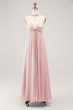 Sky Blue A Line Strapless Pleated Chiffon Long Convertible Dress