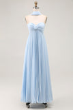 Sky Blue A Line Strapless Pleated Chiffon Long Convertible Dress