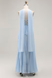 Sky Blue A Line Strapless Pleated Chiffon Long Convertible Dress