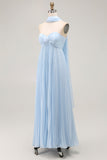 Sky Blue A Line Strapless Pleated Chiffon Long Convertible Dress