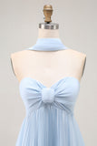 Sky Blue A Line Strapless Pleated Chiffon Long Convertible Dress