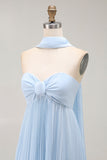 Sky Blue A Line Strapless Pleated Chiffon Long Convertible Dress