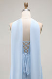 Sky Blue A Line Strapless Pleated Chiffon Long Convertible Dress