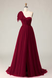 Fuchsia A Line One Shoulder Sheer Corset Tulle Long Prom Dress with Slit