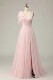 Fuchsia A Line One Shoulder Sheer Corset Tulle Long Prom Dress with Slit