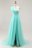Mint Green A Line One Shoulder Sheer Corset Tulle Long Prom Dress with Slit