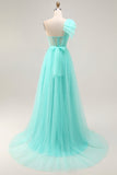 Mint Green A Line One Shoulder Sheer Corset Tulle Long Prom Dress with Slit