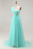 Mint Green A Line One Shoulder Sheer Corset Tulle Long Prom Dress with Slit