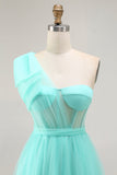 Mint Green A Line One Shoulder Sheer Corset Tulle Long Prom Dress with Slit