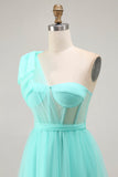 Mint Green A Line One Shoulder Sheer Corset Tulle Long Prom Dress with Slit