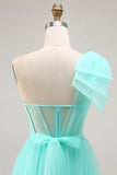 Mint Green A Line One Shoulder Sheer Corset Tulle Long Prom Dress with Slit