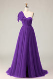 Fuchsia A Line One Shoulder Sheer Corset Tulle Long Prom Dress with Slit
